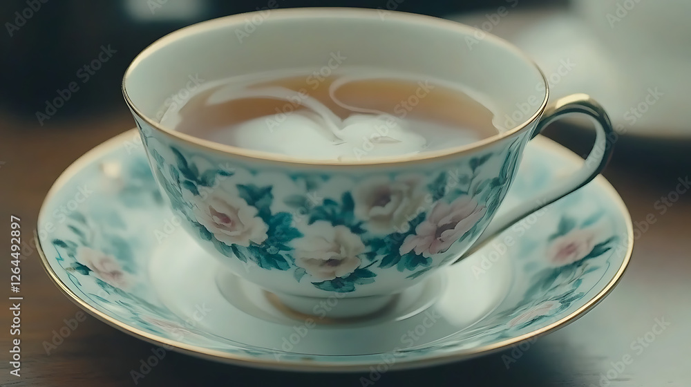 Elegant Floral Tea Cup Filled With Cream Tea Standing on a Saucer on a Wooden Table Surface Elegant Floral Tea Cup Filled With Cream Tea Standing on a Saucer on a Wooden Table Surface