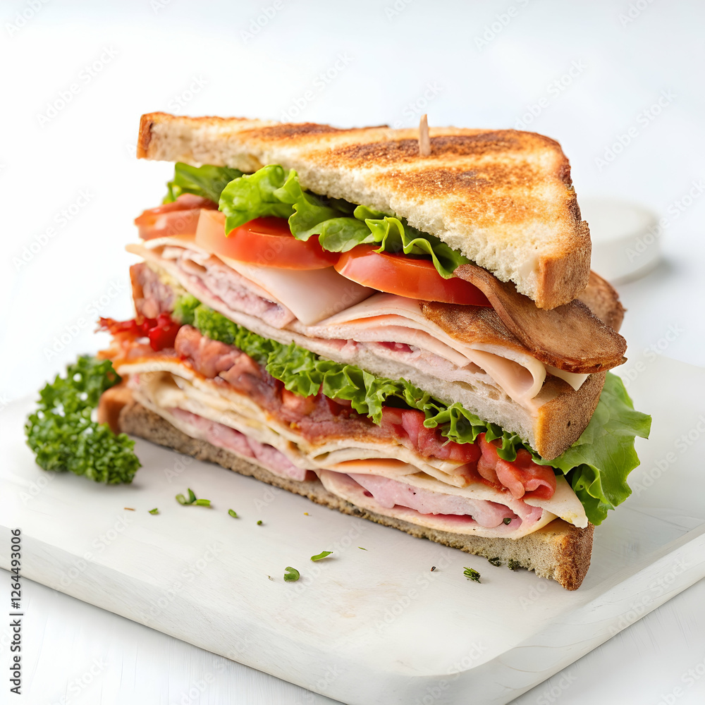 Classic club sandwich slice layers of fresh ingredients on a white background Classic club sandwich slice layers of fresh ingredients on a white background