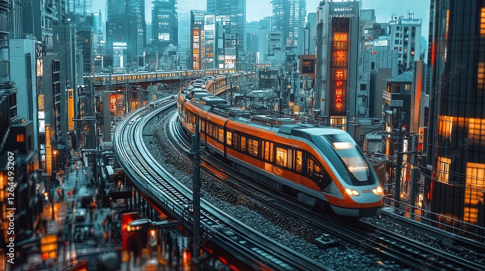 Dynamic cityscape with trains, bridges, and high-rise buildings Dynamic cityscape with trains, bridges, and high-rise buildings