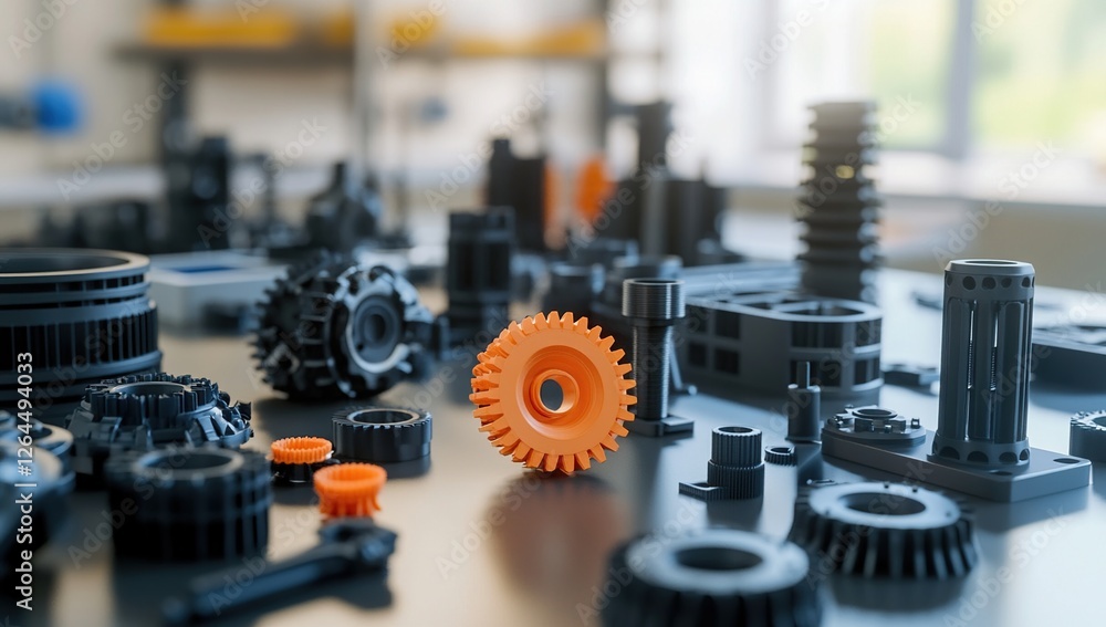 Fototapeta premium Precisely Engineered Gears and Components: A Detailed Look at Industrial 3D-Printed Parts, Manufacturing Processes, and Advanced Technologies