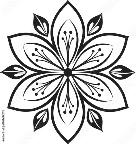 Ornamental Black and White Floral Design, Symmetrical Flower Pattern