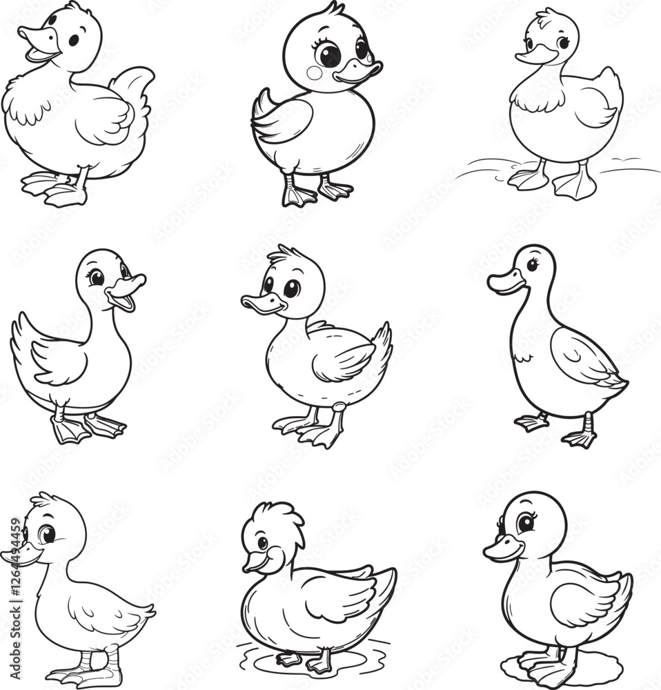 set of cartoon ducks line art vector set of cartoon ducks line art vector