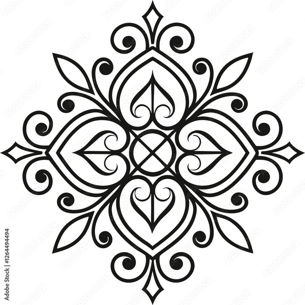 Ornate Black and White Floral Mandala Design Element