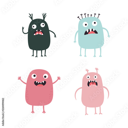 Set of Colorful Cute Crazy Ugly Monster Mascot Cartoon Character with Humor Happy Expression