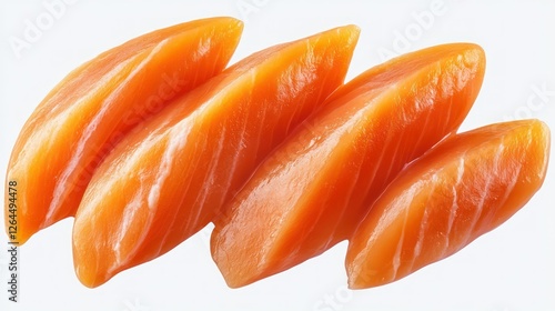 Sashimi Salmon: Four succulent slices of salmon sashimi, glistening with freshness, arranged artfully against a clean background, ready to tantalize taste buds.   photo