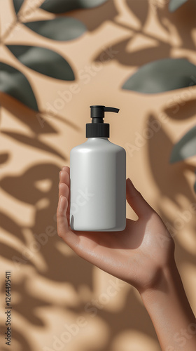 Hand holding a modern, minimalist cosmetic bottle with a sleek design, set against a warm background with soft leaf shadows, perfect for beauty product branding. AI Generated Images photo