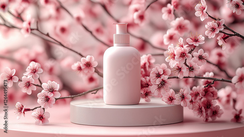 Minimalist beauty product mockup featuring a pink bottle surrounded by soft pink cherry blossoms on a clean and elegant display. AI Generated Images photo