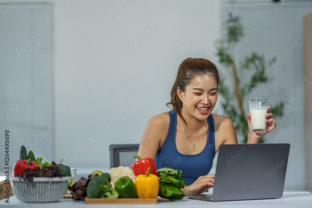 Happy nutritionist holding a glass of milk while creating online content with her laptop, surrounded by fresh vegetables promoting healthy eating habits Happy nutritionist holding a glass of milk while creating online content with her laptop, surrounded by fresh vegetables promoting healthy eating habits