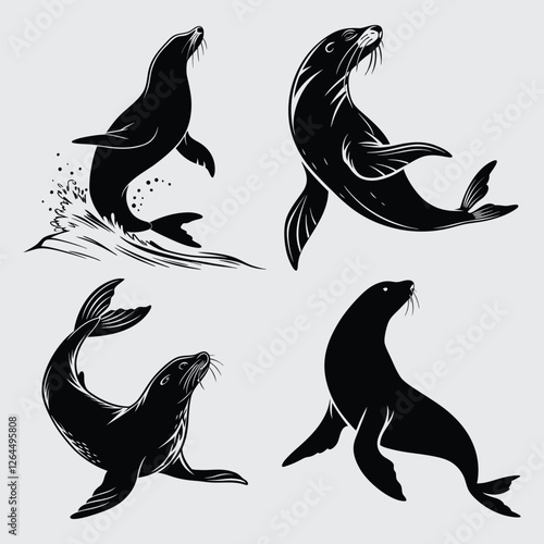 Sea lion twisting mid-leap silhouette design art with illustration