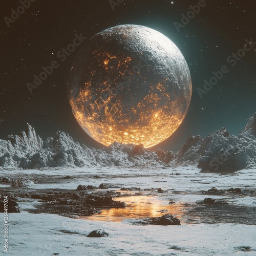 Glowing Moon Over Alien Landscape with Craters and Reflections photo