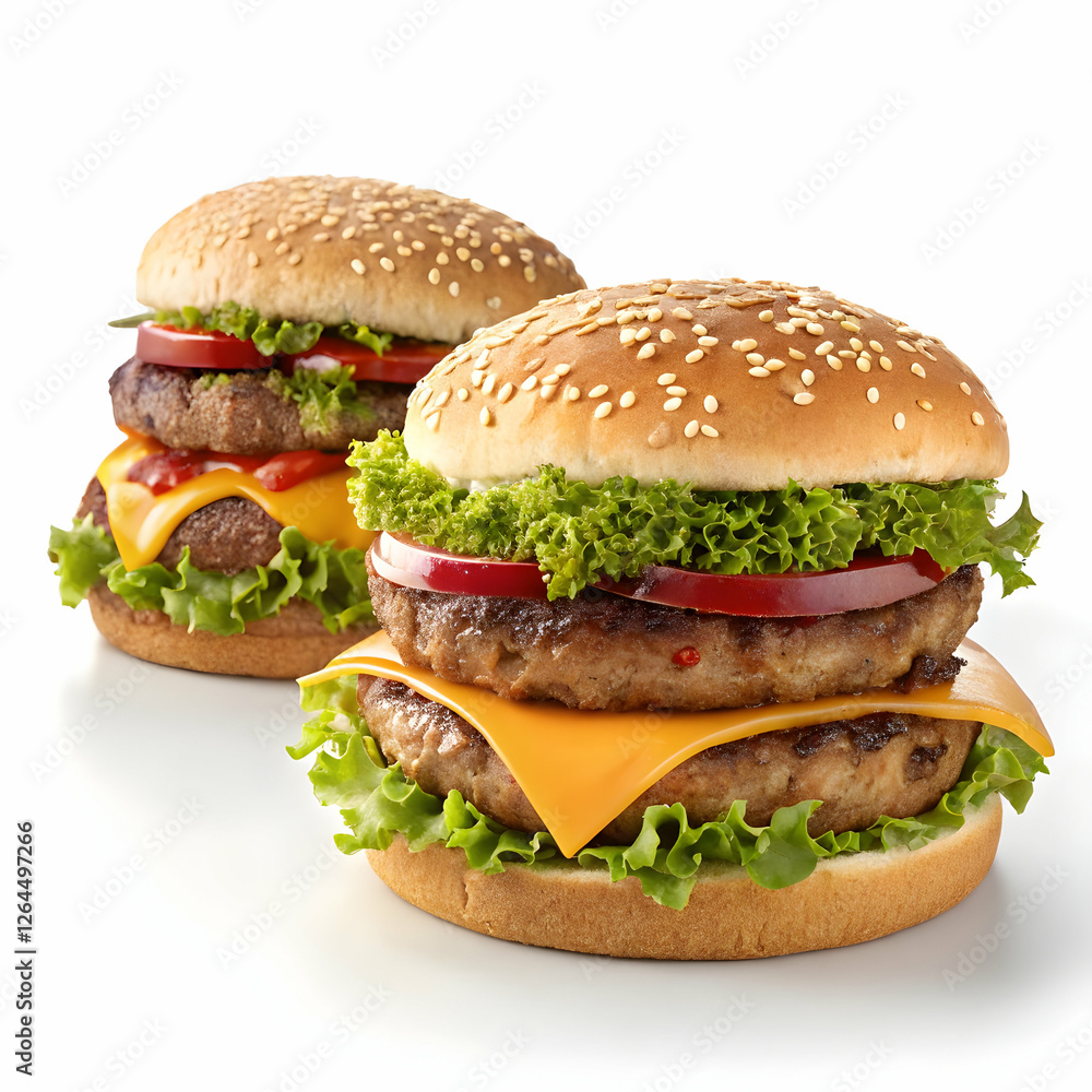 delicious duo of two big hamburgers isolated on a clean white background delicious duo of two big hamburgers isolated on a clean white background