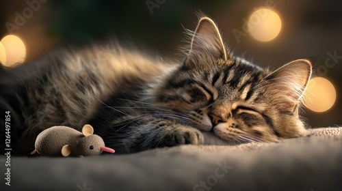 A sleepy brown and black striped cat napping on a gray blanket with a small gray mouse toy beside it. photo