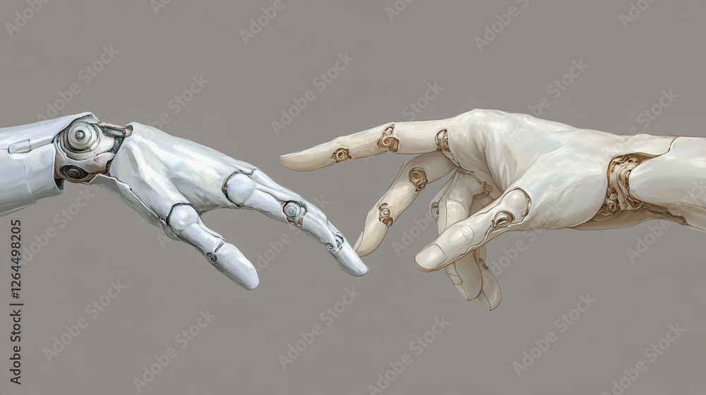A futuristic white cyborg robotic hand with an extended finger reaching towards a human hand A futuristic white cyborg robotic hand with an extended finger reaching towards a human hand