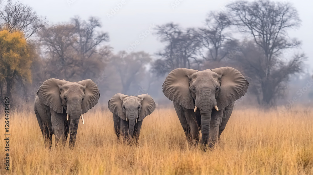 Elephant Family Majestic Walk Through Tall Golden Grass Savannah in Africa Wildlife Photography Elephant Family Majestic Walk Through Tall Golden Grass Savannah in Africa Wildlife Photography