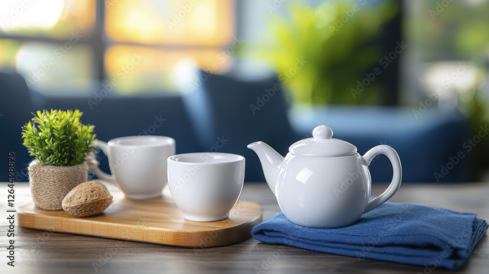 serene tea setup featuring white teapot, cups, and plant on wooden tray, perfect for relaxation serene tea setup featuring white teapot, cups, and plant on wooden tray, perfect for relaxation
