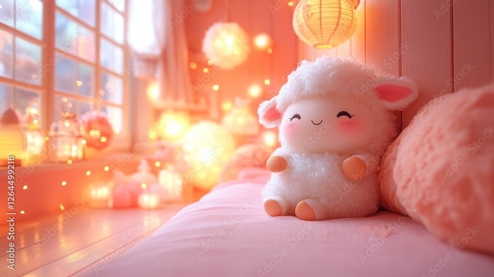 Obraz premium Adorable Plush Lamb in a Cozy Room with Warm Lights