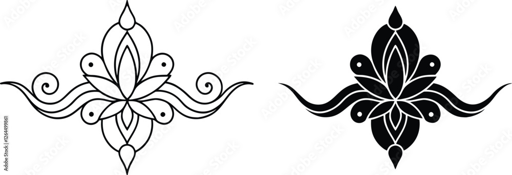 Floral Design Elements Black and White Ornate Lotus Swirls Floral Design Elements Black and White Ornate Lotus Swirls