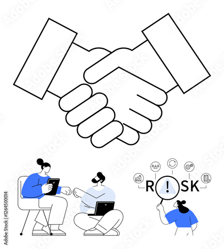 Handshake symbolizing partnership. Team discussing plans, assessing risks with icons of analysis and focus. Ideal for collaboration, teamwork, agreement, business strategy, risk management, analysis
