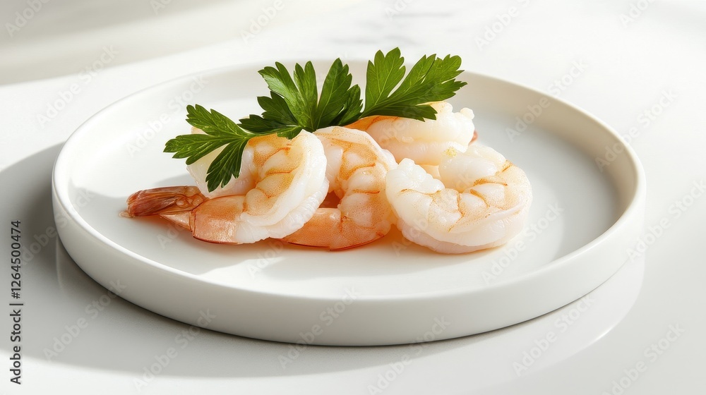 Fresh Cooked Shrimp on White Plate Garnished with Green Herb Fresh Cooked Shrimp on White Plate Garnished with Green Herb
