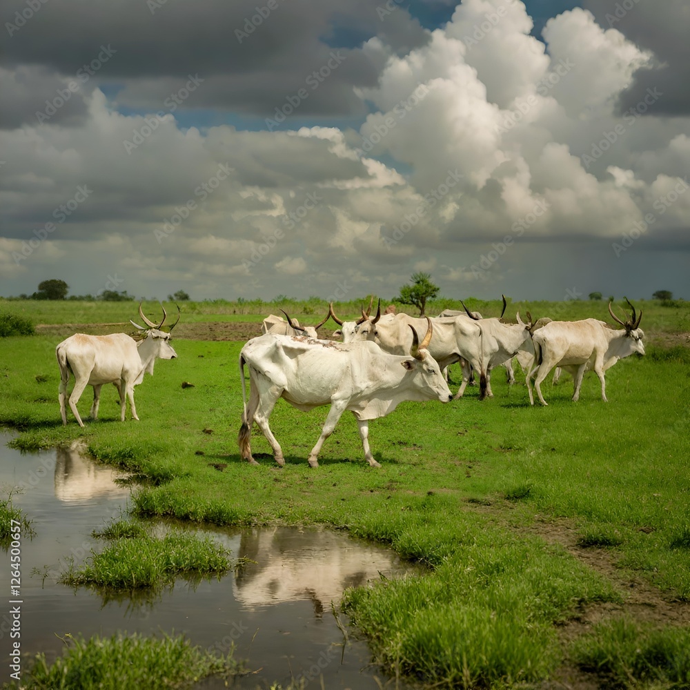 Obraz premium White Cattle Under Storm Clouds: A herd of majestic white cattle, with distinctive horns, graze in a verdant field. The dramatic sky, filled with large, puffy storm clouds.