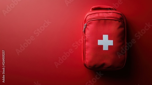 Red first aid kit bag with white cross on solid red background