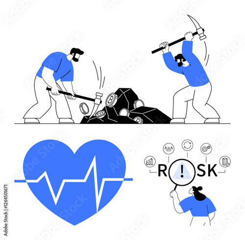 Two workers breaking coal rocks, a heartbeat with pulse line, magnifying glass over the word risk and connected nodes. Ideal for health, mining, risk analysis, labor, economics, safety abstract line