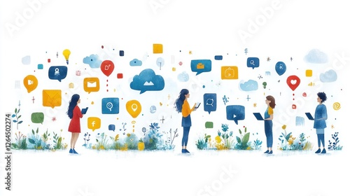 Social Media Connection: A Watercolor Illustration of People Interacting Through Digital Platforms