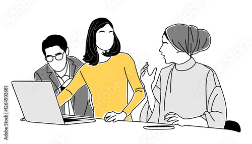 International business team work scene illustration. Diverse multiethnic men and women working together. Modern vector simple outline drawing for graphic, web design on transparent background.