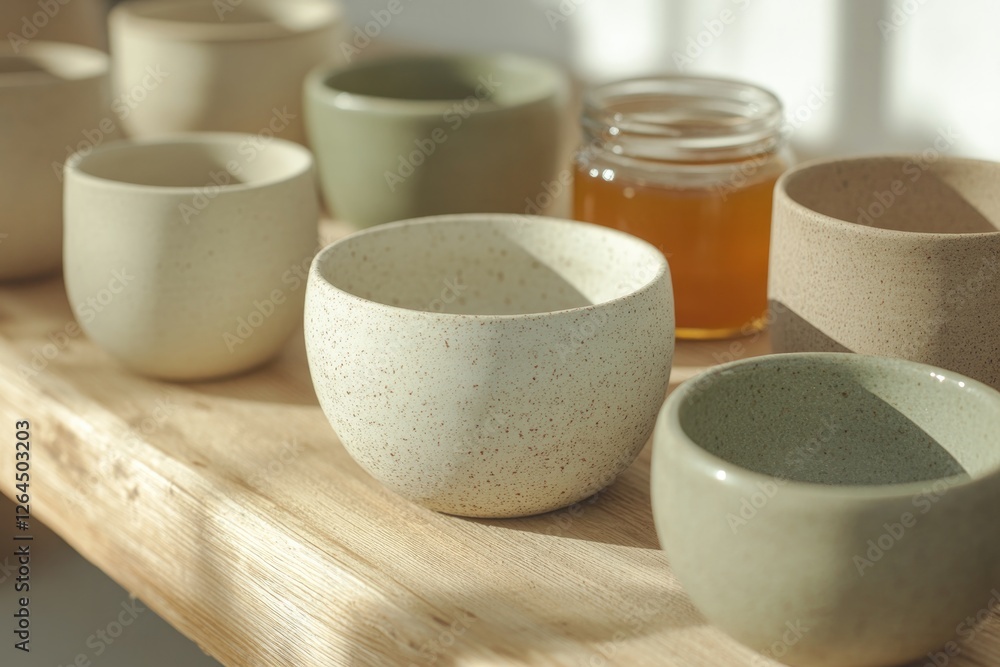 Natural ceramic bowls in soft tones arranged on wooden surface w Natural ceramic bowls in soft tones arranged on wooden surface w