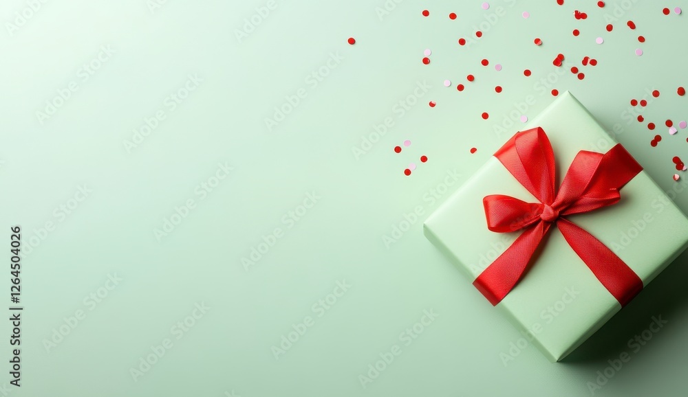 Pale Green Gift Box with Red Ribbon and Confetti Pale Green Gift Box with Red Ribbon and Confetti