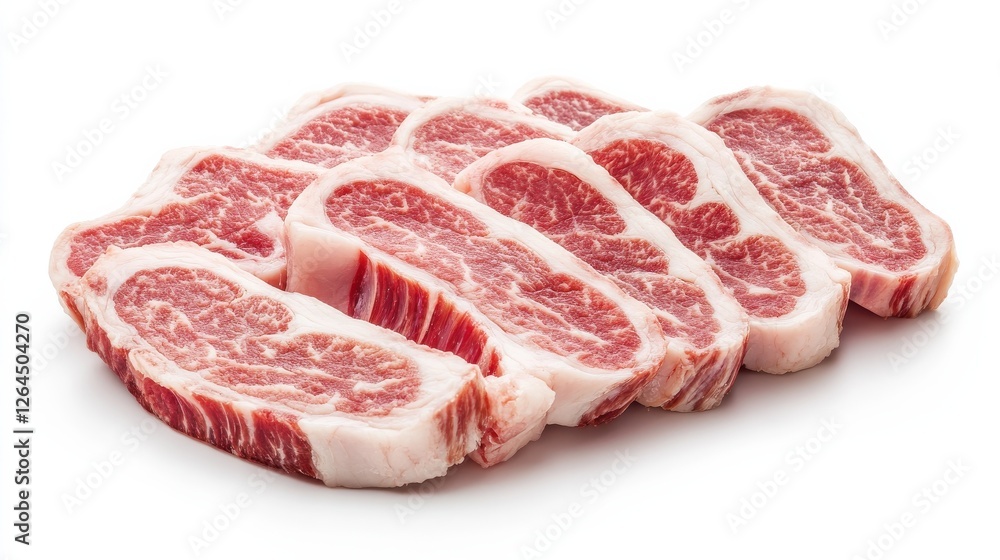Freshly cut raw pork neck steak with marbleized fat, laid on a white background, ready for cooking or grilling. Freshly cut raw pork neck steak with marbleized fat, laid on a white background, ready for cooking or grilling.
