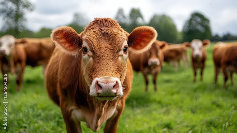 Close-up of a curious brown cow in a green pasture. Close-up of a curious brown cow in a green pasture.