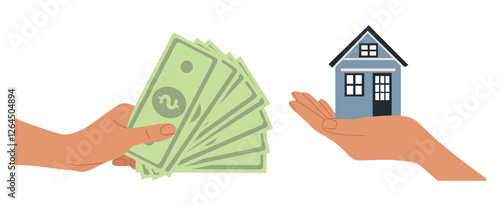 One hand is holding a stack of green bills and another hand holding small house. Real estate Concept. Flat vector hand drawn illustration isolated on transparent background.