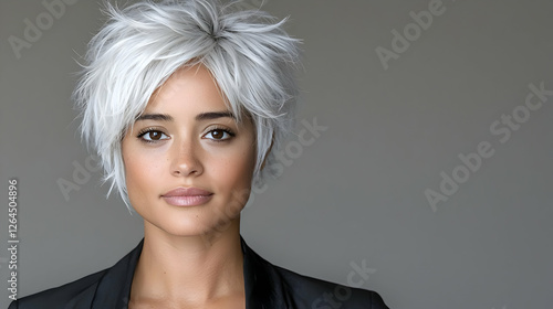 Woman, short silver hair, grey background, confident pose, professional portrait