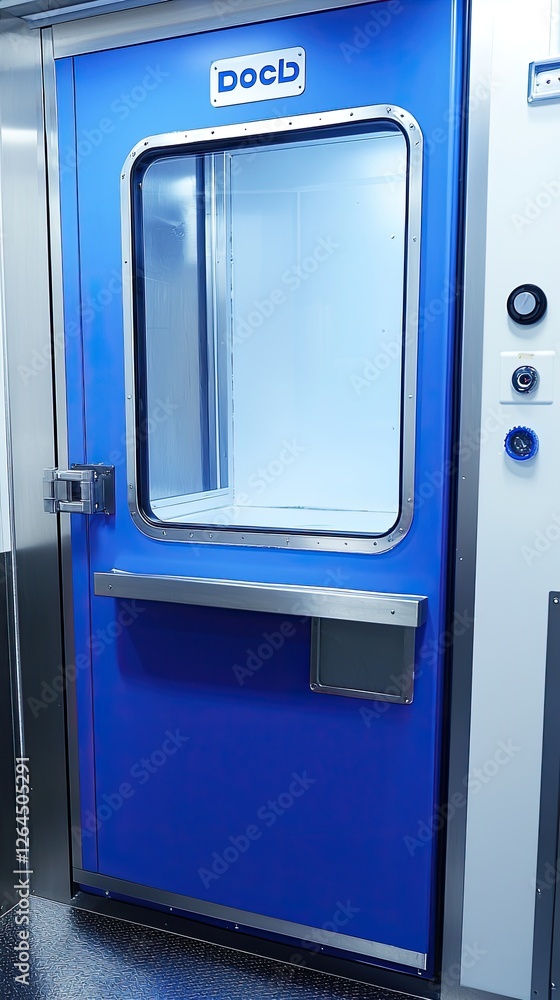 Fototapeta premium Blue industrial door with a transparent window, showcasing a clean environment inside