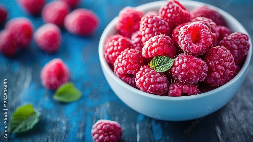 Fresh ripe raspberries in a white bowl with mint leaves on a table Fresh ripe raspberries in a white bowl with mint leaves on a table