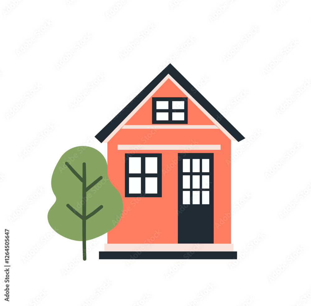Cute tiny house, small building and tree in Scandinavian style. Trendy urban and village home with windows, door, roof. Simple vector flat illustration, icon isolated on transparent background. Cute tiny house, small building and tree in Scandinavian style. Trendy urban and village home with windows, door, roof. Simple vector flat illustration, icon isolated on transparent background.