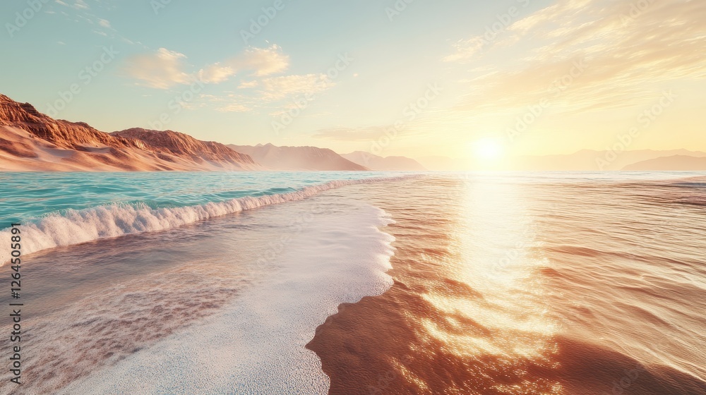 Obraz premium Tranquil Sunset Over Serene Ocean Waves and Sandy Shoreline