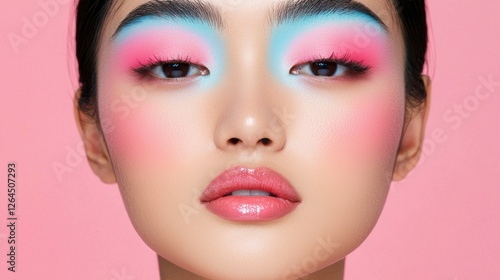 Eyebrow fashion style design concept. Whimsical Eyebrow Styling Shaped into Soft Cloud like Pastel Makeup Portrait photo