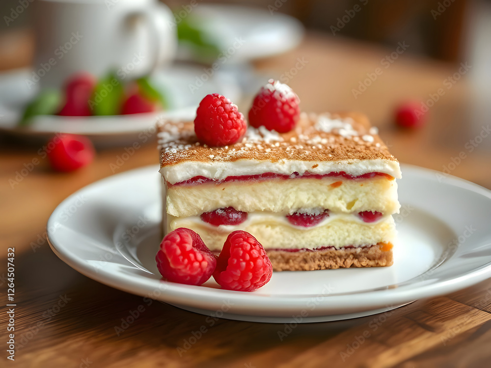 A delicious layered cake decorated with creamy frosting, bright red cranberries, almond slices, and a sprig of green. Served on a white plate, showcasing a festive and appetizing presentation. A delicious layered cake decorated with creamy frosting, bright red cranberries, almond slices, and a sprig of green. Served on a white plate, showcasing a festive and appetizing presentation.