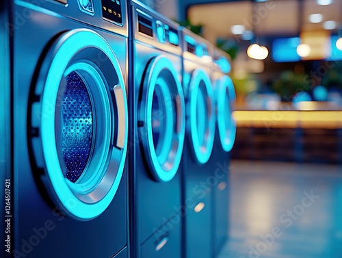 Futuristic Laundry Room: Row of Modern Washing Machines with Blue Neon Lights