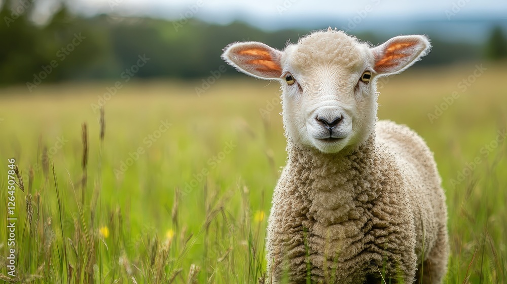 Obraz premium Lamb standing in a lush green field on a sunny spring day.