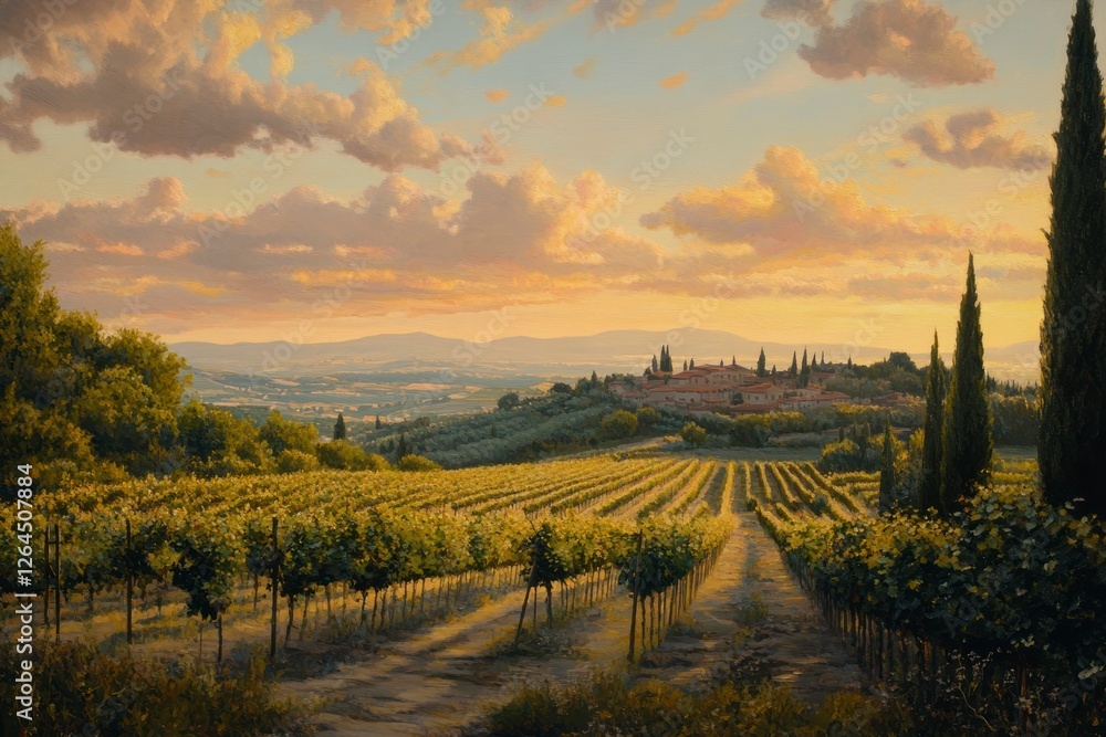 Naklejka premium Tuscan Vineyard Sunset Landscape Painting