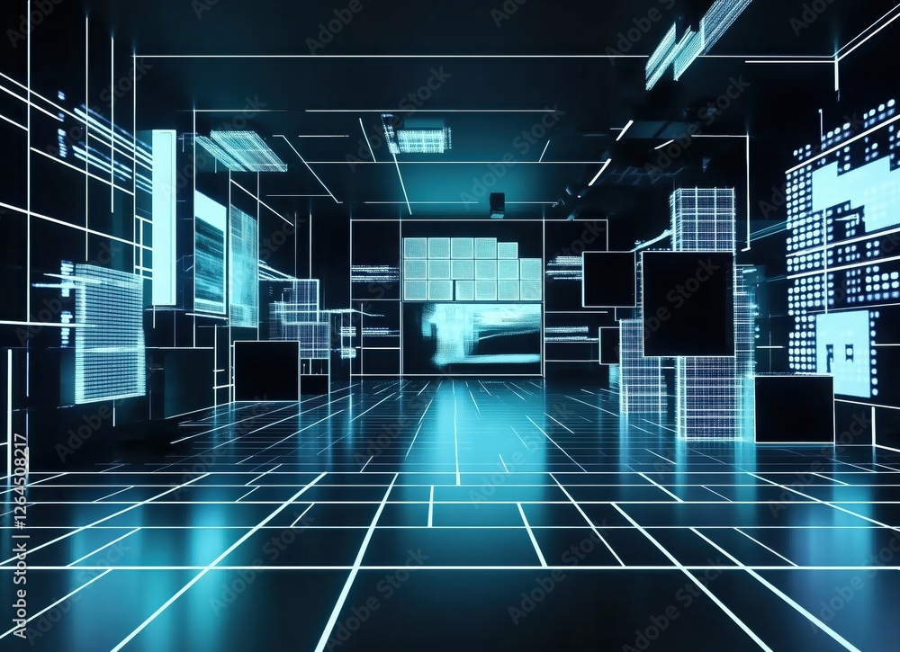 Fototapeta premium Futuristic Digital Space with Neon Grids and High-Tech Aesthetics Invoking Innovation and Creativity