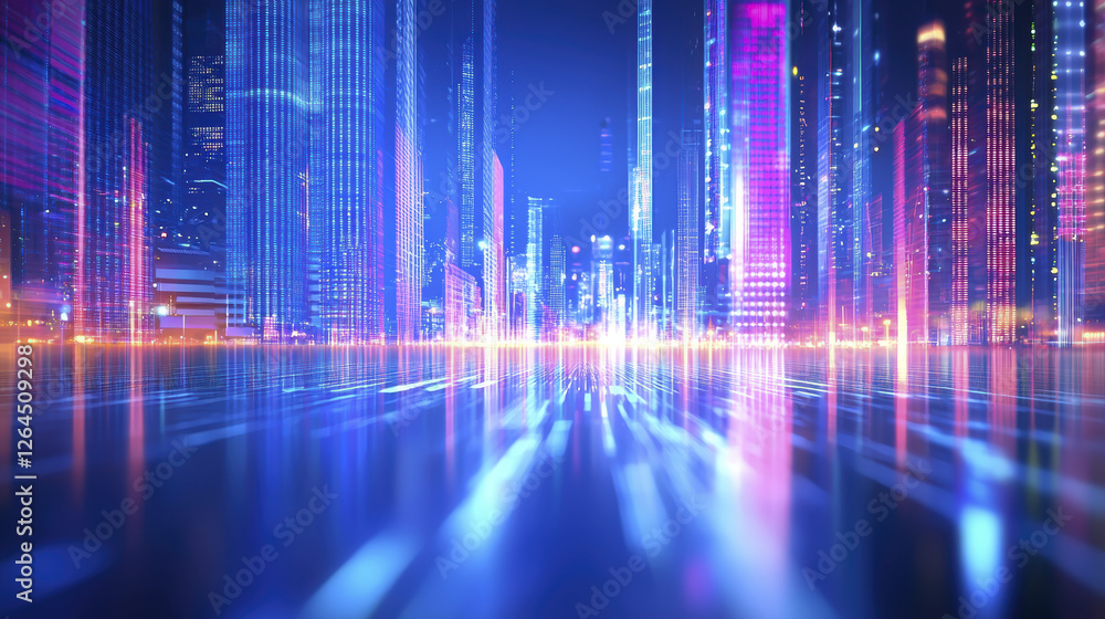Futuristic cityscape with vibrant lights and reflections at night Futuristic cityscape with vibrant lights and reflections at night