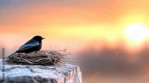 A black bird perches on a nest atop a rock, with a sunset in the background. photo