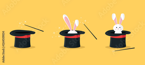 Trick with a rabbit in a hat. Stages of the rabbit's appearance. Magic trick. Magic show.