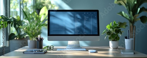 E-learning course material for remote training accessed on a desktop in a bright home office environment