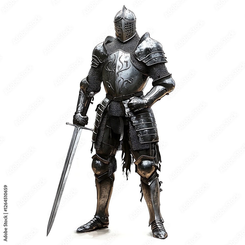 Medieval Knight in Full Armor: A formidable knight stands defiantly, clad in gleaming, intricately detailed plate armor, a long sword resting at his side. The image evokes a sense of power, history. Medieval Knight in Full Armor: A formidable knight stands defiantly, clad in gleaming, intricately detailed plate armor, a long sword resting at his side. The image evokes a sense of power, history.