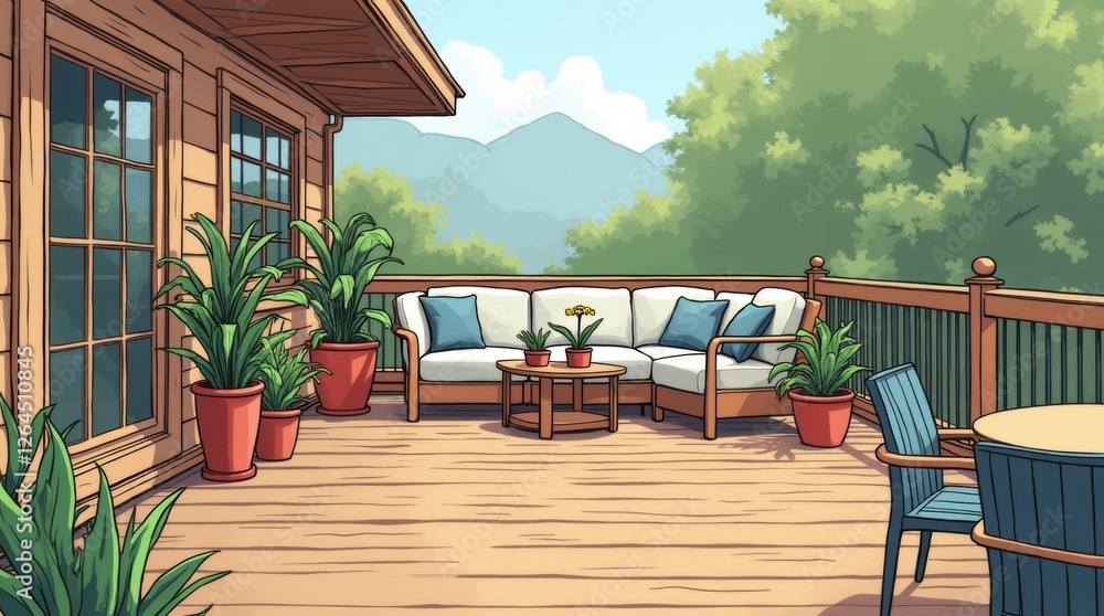 Fototapeta premium wooden deck adorned with potted plants and outdoor furniture